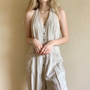 Urban Outfitters Linen Button Down Jumpsuit Tan